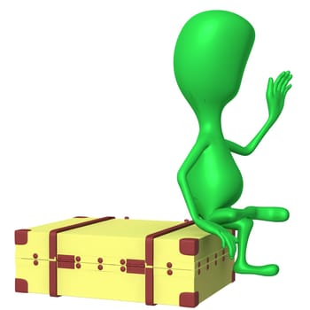 Side view puppet on big suitcase greeting friend