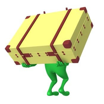 Behind view puppet carry suitcase on his back