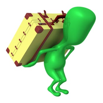 Angle view puppet carry suitcase on his back