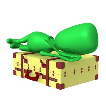 Side view puppet sleeping calmly on big suitcase