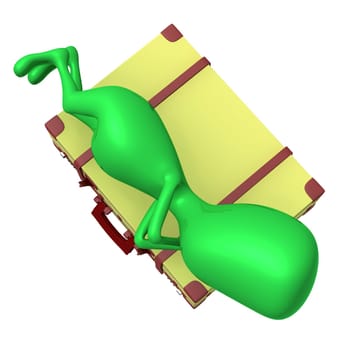 Over view puppet sleeping calmly on big suitcase