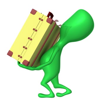 Side view puppet carry suitcase on his arms