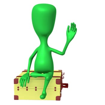 Front view puppet on big suitcase greeting friend