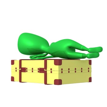 Behind view puppet sleeping calmly on big suitcase