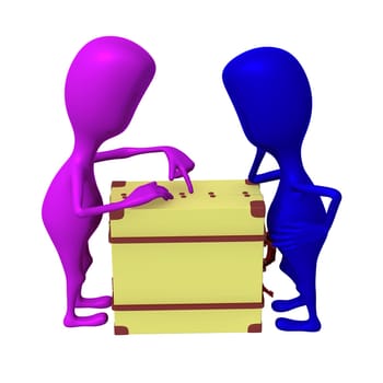 Side view puppets discuss over package in suitcase