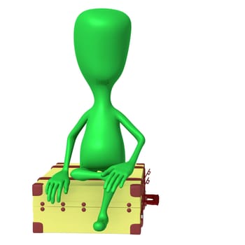 Front view puppet sitting calmly on big suitcase