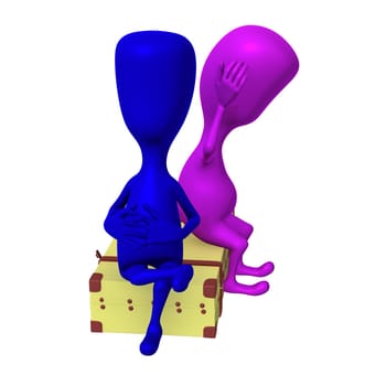 Side view puppets sitting on big suitcase thinking