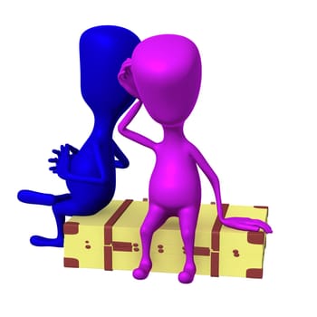 Front view puppets sitting on big suitcase thinking