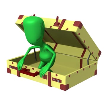 Side view puppet try get out from suitcase