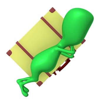 Angle view puppet sleeping calmly on big suitcase
