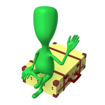Over view puppet on big suitcase greeting friend