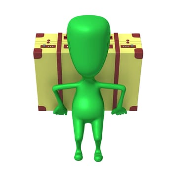 Front view puppet carry suitcase on his back