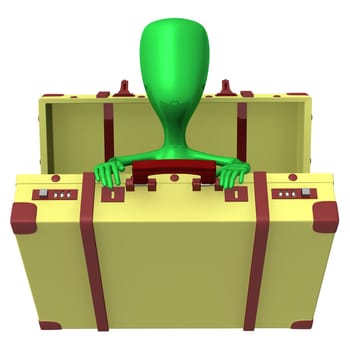 Under view puppet try get out from suitcase
