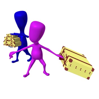 Side view puppet drags heavy case in hurry