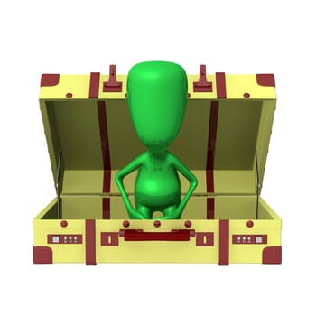 Front view green puppet sitting in opened suitcase