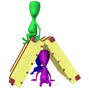 Side view green puppet sit on opened case