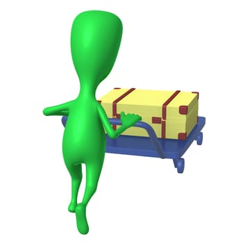 Behind view green puppet push trolley with case