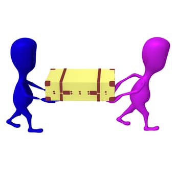 Side view both puppets carry case on hands