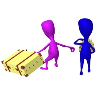 Behind view puppet drags heavy case in hurry