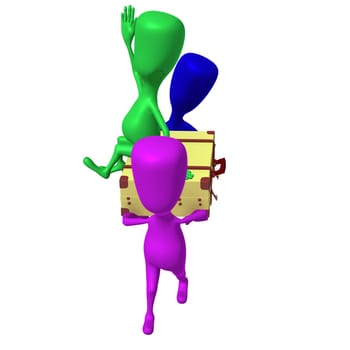 Side view green puppet on case which carry