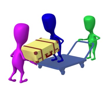 Side view puppets take of case from trolley