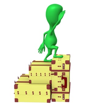 Side view puppet looking at horizon from suitcases