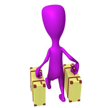 Behind view puppet going on trip with cases