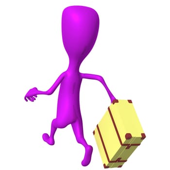 Behind view puppet hurry on bus with case