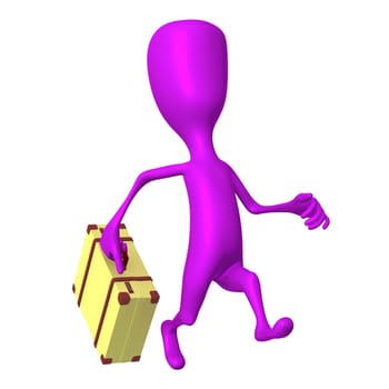 Under view puppet hurry on bus with case