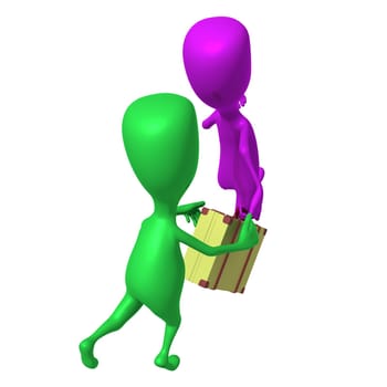 Over view green puppet try stop hurring pink