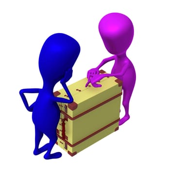 Over view puppets discuss over package in suitcase