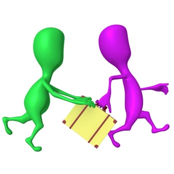 Side view green puppet try stop  hurring pink