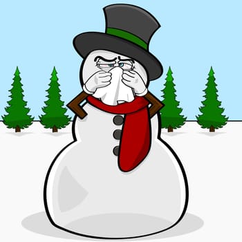 Cartoon illustration showing a snowman blowing his nose with a handkerchief
