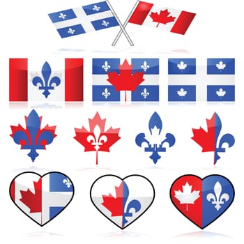Set showing different illustrations portraying combinations between the flags of Canada and Quebec, to symbolize French Canadians