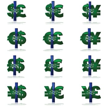 Glossy icon set featuring common currency conversions between dollar, pound, euro and yen