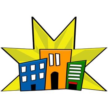 Cartoon illustration showing stylized buildings from a downtown core in different colors