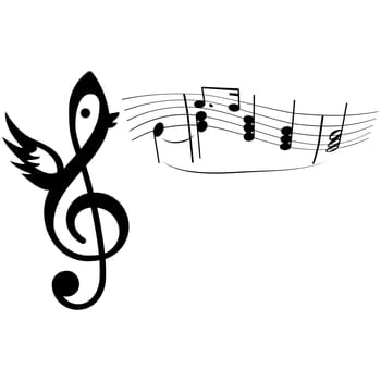 Cartoon concept illustration showing a bird formed from a music notation singing