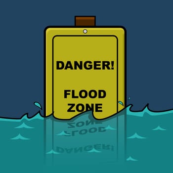 Cartoon illustration showing a traffic sign warning about a Flood Zone, already halfway submerged in water