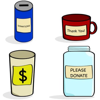 Cartoon illustration showing a variety of donation cups and a glass jar