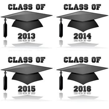 Glossy icon illustration showing a graduation hat and the words Class of for the years 2013, 2014, 2015 and 2016