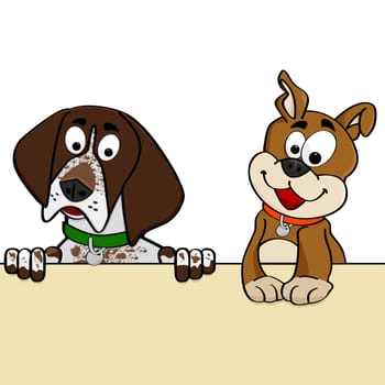Cartoon illustration showing a couple of dogs looking over a wall