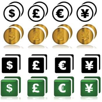Set of icons showing different currencies