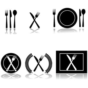 Icon illustrations of fork, knife and spoon arranged in different ways