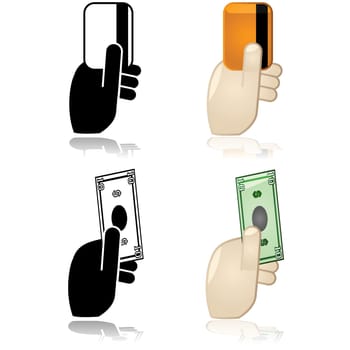 Icons showing a hand holding cash and a credit/debit card