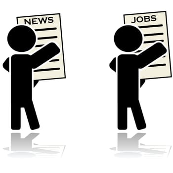 Two icon illustrations showing a man reading a newspaper and another looking for a job