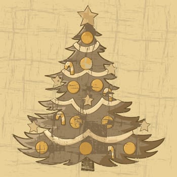 Cartoon illustration of a Christmas tree on an old brown paper