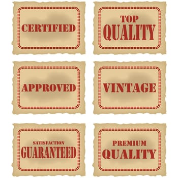 Collection of different seals attesting quality of a product, printed in red over old brown fading paper
