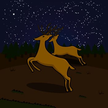 Cartoon illustration showing a couple of reindeers running on a field at night