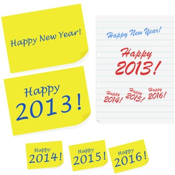 Illustration showing Happy New Year messages written in sticky notes and notebook paper