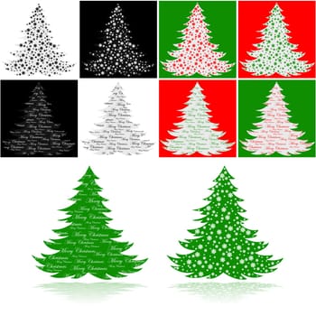 Illustration showing a couple of Christmas trees, one with snowflakes and the other with the message "Merry Christmas"" in different color schemes"